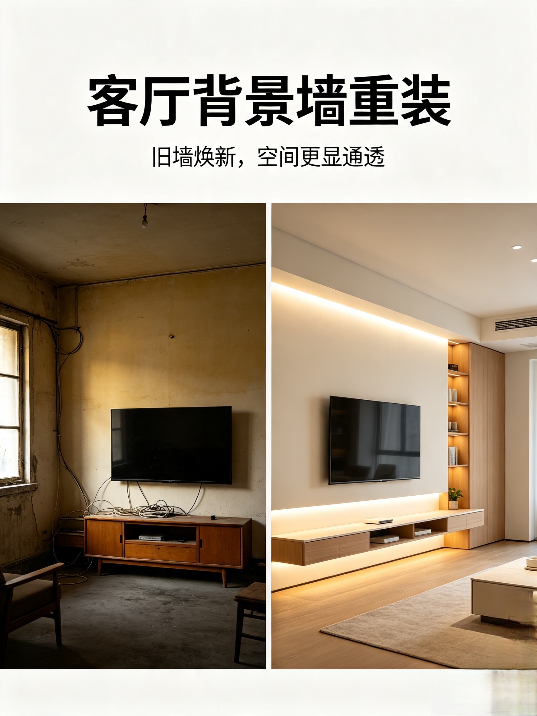 客厅背景墙重装前后对比